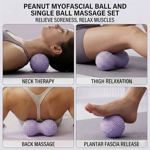 Peanut Massage Ball and Single Ball Set for Myofascial Release, Deep Tissue, Muscle Recovery (Purple) - color: Purple