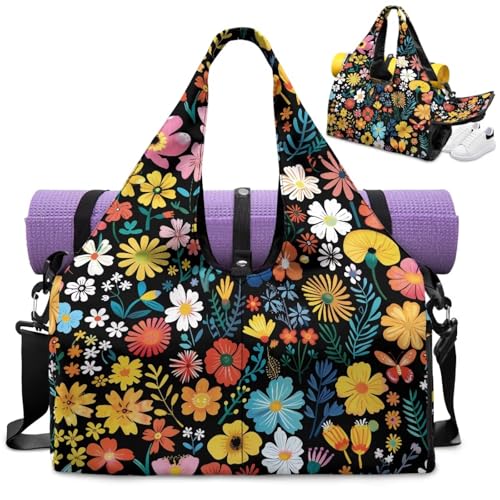 Yoga Mat Bag for Men Women Canvas Yoga Mat Carrier Take In Out Mat Easily for Beach Swim Bags Pool Sports Gym - color: Small Flower