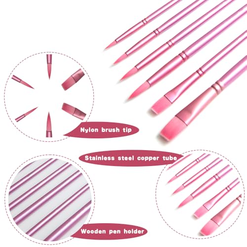 Acrylic Paint Brush Set, 6 pcs Watercolor Brushes, Painting Brush Nylon Hair Brushes for All Purpose Oil Watercolor Painting Beginner Kits (6, Pink) - color: Pink