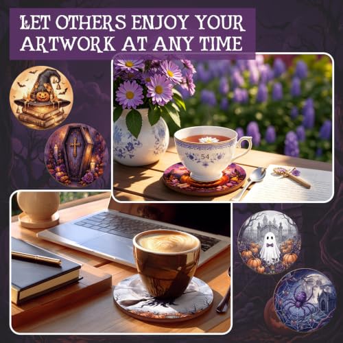 Reallnaive 77 Pcs Halloween Coasters Painting Kit, 20 Set Wooden Drink Coasters 4 Inch with Holder & Markers Boho DIY Crafts for Adults, Women, Hobby, Color Your Own Art Craft Supplies - style: Halloween