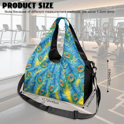 Yoga Gym Bag with Removable Adjustable Shoulder Strap, Shoe Compartment & Top Yoga Mat Holder 17.72x8.66x9.84in - color: Blue Peacock Feather Print