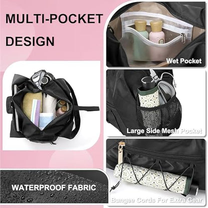 Gym Bag for Women, Yoga Mat Bag with Shoe Compartment and Wet Pocket, Sport Yoga Gym Bag with Yoga Strap, Carryall Yoga Tote Bag - color: Black