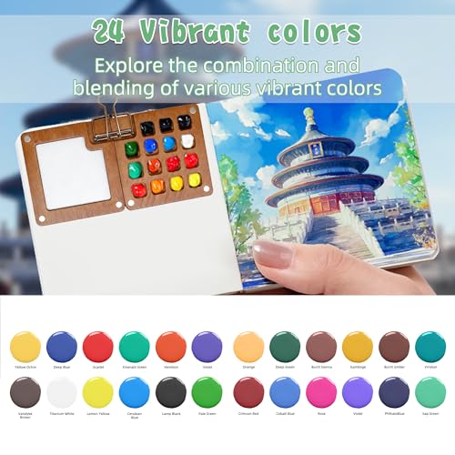 Mini Paint Palette Travel Kit, Portable Pocket Artist Water Color Travel Set with 24 Colours,Sketchbook,Clips,Pens,15 Grid Wooden Paint Box for Painters Artists (24 Colours)