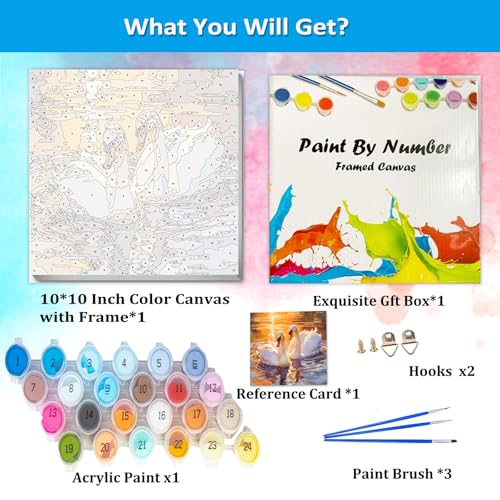 Artunion Framed Paint by Numbers Kit for Adults Beginners & Kids Ages 8-12,Swan Couple Paint by Number with Frame,Animal Paint by Numbers Kit on Canvas 10 * 10 Inch Without Easel - color: ZXT-398-F