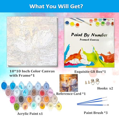 Artunion Framed Paint by Numbers Kit for Adults Beginners & Kids Ages 8-12,Swan Couple Paint by Number with Frame,Animal Paint by Numbers Kit on Canvas 10 * 10 Inch Without Easel - color: ZXT-398-F