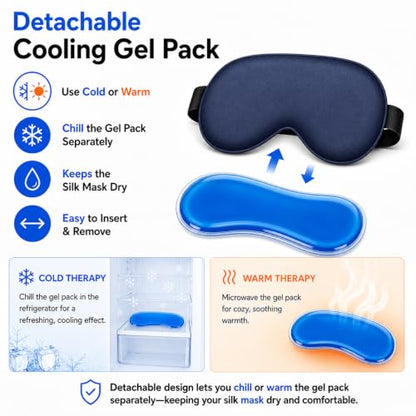 Cooling Sleep Mask with Mulberry Silk Surface & Removable Gel Pack - color: Cooling Navy Blue