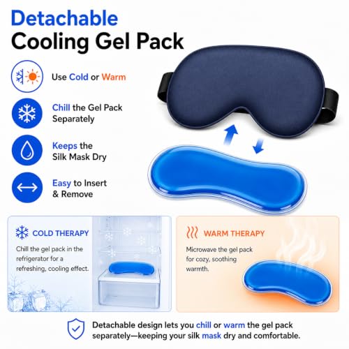 Cooling Sleep Mask with Mulberry Silk Surface & Removable Gel Pack - color: Cooling Navy Blue