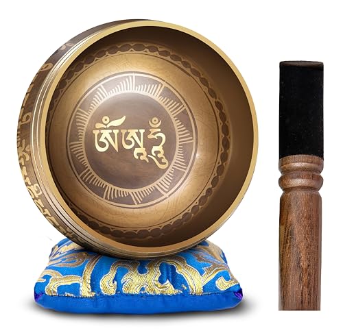 Tibetan Singing Bowl Set - Easy To Play Authentic Handcrafted For Meditation Sound Bowl Chakra Yoga Healing 4 Inches By Himalayan Bazaar (Brown & Blue) - color: Brown - Blue