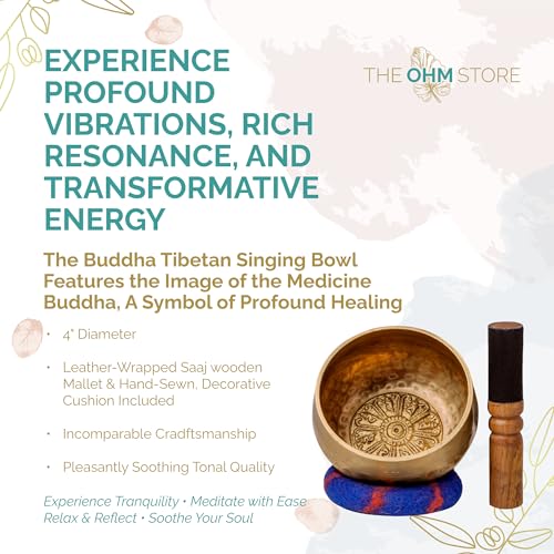 Tibetan Singing Bowl Set by The Ohm Store with 'Medicine Buddha' Engraving — Meditation Sound Bowl and Wooden Striker Handcrafted in Nepal — Spiritual Gift for Women and Men - size: 4 Inch Singing Bowl