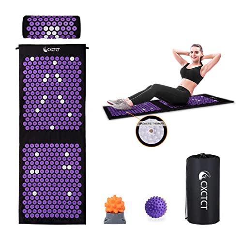Purple Yoga Massage Mat Set,Acupuncture Magnetic Mat and Pillow - Extra Long & Large Back & Neck Pain Relief - color: Purple