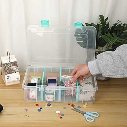 BTSKY Clear Plastic Dividing Storage Box with 4 Compartments Adjustable Storage Bin with Lid Plastic Craft Storage Container Multipurpose Sewing Box Art Supply Organizer, 13.3x8.1x3.4 Inches | 13.3x8.1x3.4 Inches Adjustable Storage Bin with Lid Plastic Cr
