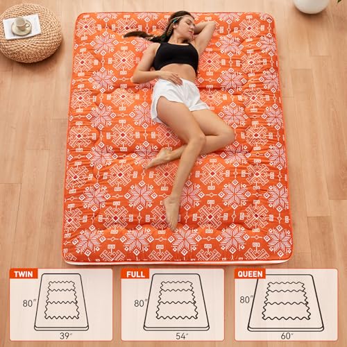 Dr.Futon Japanese Floor Futon Mattress Extra Thick Folding Roll Up Bed Topper Mat for Guest,Lounger and Tavel - color: Snow Orange, size: Full