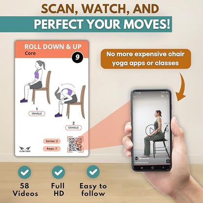 Chair Yoga for Seniors Over 60 – 70 Exercise Cards with Videos & Workout Plan – Includes 5-Week Challenge, Ebook, Chart & 2 Rings for Easy Organization – Weight Loss Guide for Women & Men