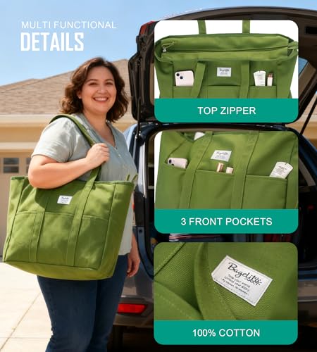 Bagelite Extra Large Canvas Tote for Women Men, Utility Work Bag with Zipper - color: Green