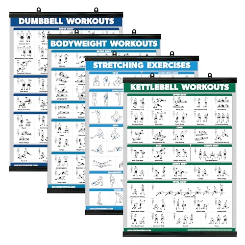 Palace Learning 4 Pack - Dumbbell Workouts + Bodyweight Workouts + Stretching Exercises + Kettlebell - Set of 4 Workout Charts (18” x 24”, LAMINATED WITH PLASTIC FRAME) - color: WITH PLASTIC FRAME