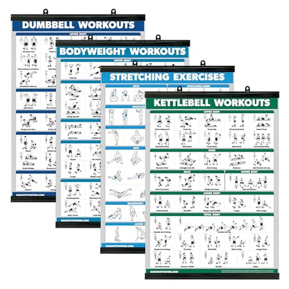 Palace Learning 4 Pack - Dumbbell Workouts + Bodyweight Workouts + Stretching Exercises + Kettlebell - Set of 4 Workout Charts (18” x 24”, LAMINATED WITH PLASTIC FRAME) - color: WITH PLASTIC FRAME