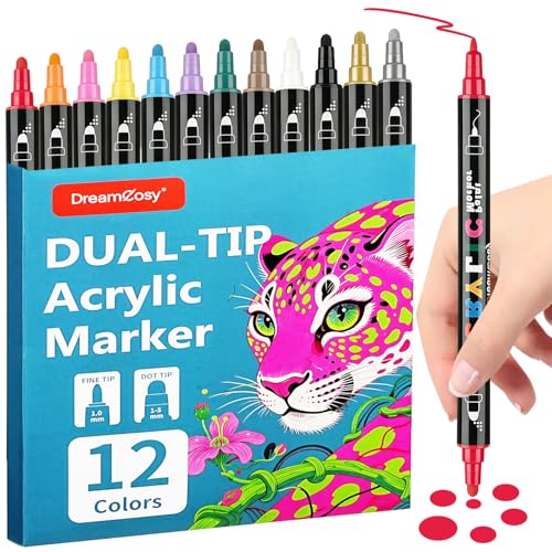Dot & Fine Tip Acrylic Paint Marker 12 Colors Paint Pens for Arts | Dual-Tip Acrylic Paint Pens for Fabric, Rock, Glass, Wood, Arts & Crafts Gift, Classroom Must Haves & School Supplies
