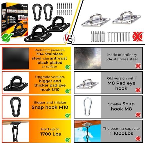 1700LB M10 Stainless Steel Pad Eye Hook+10MM Snap Hook, Hammock Hanging Kit