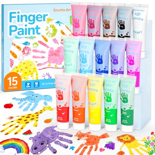 Shuttle Art Washable Finger Paint for Toddlers, 15 Vibrant Colors (1.2 fl oz) Toddler Paint, Non-Toxic Finger Painting for Toddlers 1-3, Kids Arts and Crafts