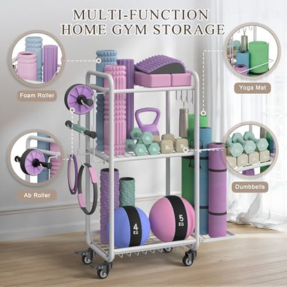Multi-Functional Home Gym Storage Rack with Wheels and Hooks - color: White