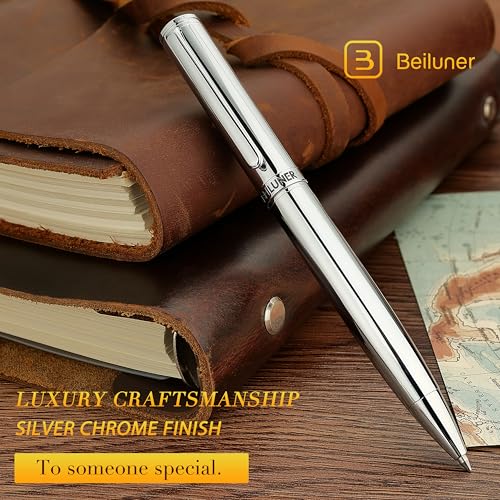 BEILUNER Silver Gel Pen - Luxury Featuring Bright Chrome Finishes, Black Ink Refill, Best Pen Gift Set for Men & Women, Business Signature, Executive, Office Retractable,Nice Fancy Designer Pens - color: Silver
