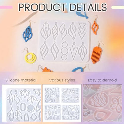 50 Styles Resin Earring Molds, 4 Pcs Silicone Jewelry Resin Casting Molds with Built in Holes Resin Molds Jewelry for Epoxy Pendantr Earrings Necklace Pendants Keychains