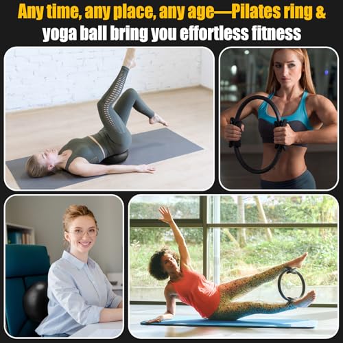 Silipull 18 Pcs Pilates Ring and Ball Set Pilates Equipment for Home Workout 11.8 Inch Magic Circle Rings with Padded Handles, Small Yoga Balls for Strength, Fitness, Toning and Flexibility, Black