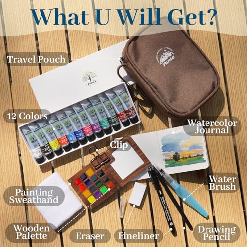 Funto Travel Watercolor Paint Set, All-in-One Premium Walnut Wood 15-Grid Pocket Kit with Refillable Paint Tubes, Crossbody Bag, Water Brush, Drawing Pencil & Sketchbook – Ideal for Serious Artists and Beginners - color: 15-Wood