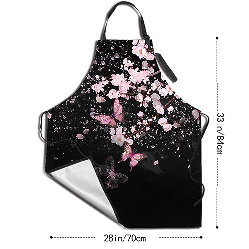 Art Apron with Pocket for Women Men | Kitchen Aprons Chef Apron for Cooking Baking BBQ Painting Gardening - color: Cherry Blossom With Butterflies