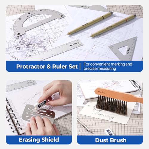 Nicpro 21PCS Professional Drafting Tools & Geometry Set with Case, Architect Compass & Protractor Set, Metal Pencils, Pens, Scale Ruler Metal Ruler, 5 Drawing Templates for Interior House Plan Design - size: 21 PCS