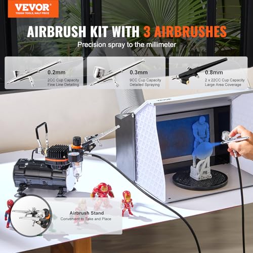 VEVOR Airbrush Kit, Professional Airbrush Set with 1/5 HP Compressor & 3 Airbrushes, Airbrushing System Kit with Multi-Purpose Dual-Action Gravity Feed Airbrushes, Art Nail Cookie Tatto - color: 3 Airbrushes Set