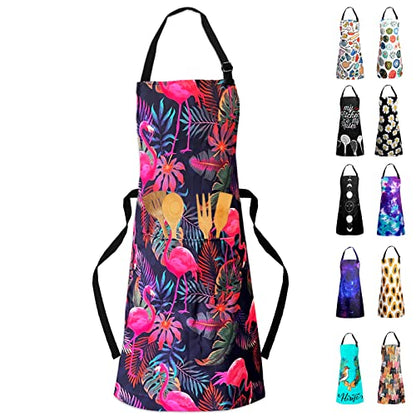 Adjustable Waterproof Apron Bib Apron with 2 Pockets Cooking Kitchen Aprons for Women Men Chef - color: Flamingo Apron