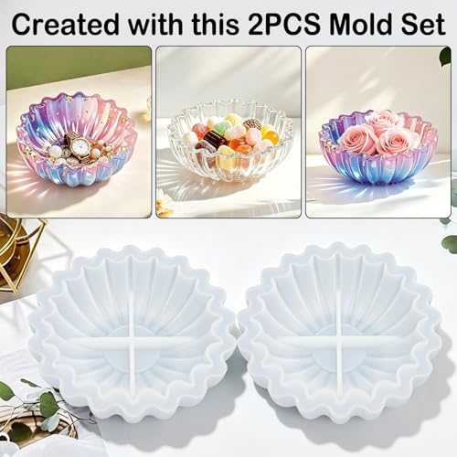 2PCS Flower Bowl Resin Silicone Molds Set, Fuehbur Epoxy Resin Moulds Tray with Wavy Edge Design for DIY Jewelry Holder, 5.24 x 5.24 x 1.64 inches, for Candle Handmade Decoration - 2 Pack