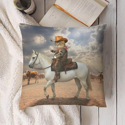 Funny Cat Cowboy Cat Riding Horse Throw Pillow Covers 18x18 Inch - color: Funny Cat Cowboy Cat Riding Horse