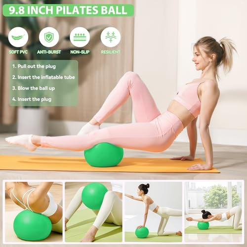 HASHMUST Pilates Ring Kit 12 PCS for Women, Home Workout Equipment with Magic Circle, Mini Exercise Ball, Resistance Bands, Massage Lacrosse, Yoga Strap, Full-Body Fitness Set for Toning & Gift - color: Green
