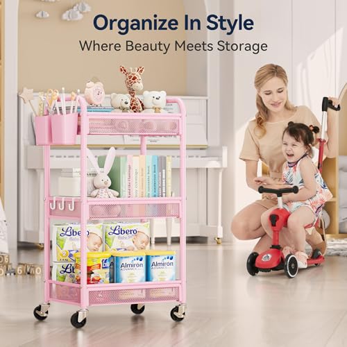 YASONIC 3 Tier Metal Rolling Cart, Pink Utility Storage Cart with Wheels - color: Pink, size: 3-tier