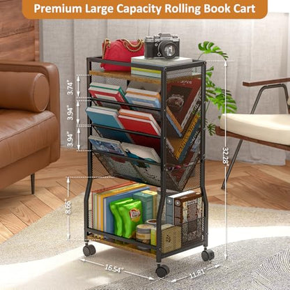 DAOUTIME 8 Tier Rolling Book Cart with Wheels, Mobile Book Storage Cart with 2 Sides Access Bookcase for Narrow Space, Rolling File Organizers and Storage for Home Office Living Room Classroom School