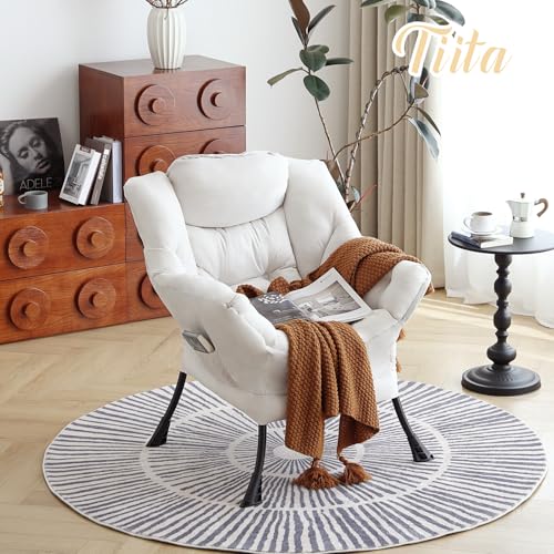 Tiita Lazy Chair for Adults, Comfy Reading Accent Chair, Beige Single | Padded Seat, High Backrest, Armrests and Side Pocket for Lounging in Living Rooms, Bedrooms, Dorms and Small Spaces - color: Peach Skin Beige-single