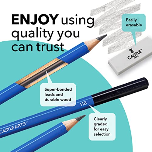 Castle Art Supplies 12 Piece Graphite Drawing Pencils Kit for Adults | For beginner to advanced adult artists - compact, sturdy, attractive metal case with tutorial included, easy to carry
