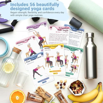 Gentle Chair Yoga Program for Seniors Includes 50 Large Print Exercise Cards that Gently Target Back Relaxation, Core Strength, and Leg Stability.