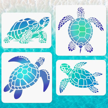 4Pcs Sea Turtle Wall Stencil Templates 11.8" x 11.8" and A4 Size Reusable Turtle Pattern Stencils for Painting on Wood Wall Floor Fabric Glass Furniture, DIY Home Decor or Craft Stencils | 11.8" x 11.8" & A4 Plastic Craft Stencils, Turtle Wall Stencils, D