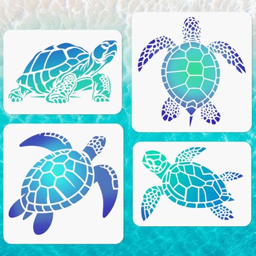 4Pcs Sea Turtle Wall Stencil Templates 11.8" x 11.8" and A4 Size Reusable Turtle Pattern Stencils for Painting on Wood Wall Floor Fabric Glass Furniture, DIY Home Decor or Craft Stencils | 11.8" x 11.8" & A4 Plastic Craft Stencils, Turtle Wall Stencils, D