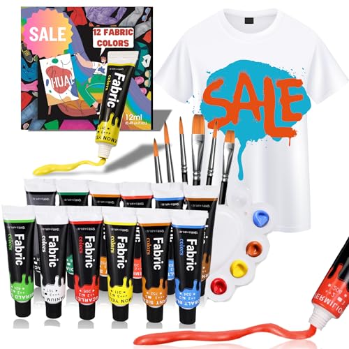 HUAL Fabric Paint Set for Clothes 12 Vibrant Colors Textile Paint with 6 Brushes & Palette Quick-Drying, Non-Toxic Fabric Paint Kit for T-Shirts, Shoes, Canvas, DIY Art & Crafts Premium Gift Box - color: Color Box
