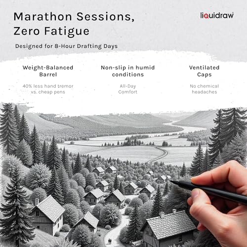 Liquidraw Drawing Pens - Set of 8 | Black Fineliner Pens with Brush Tip | Waterproof Ink for Artists, Architects & Students | For Technical Drawing, Sketching, Writing, Calligraphy & Illustration