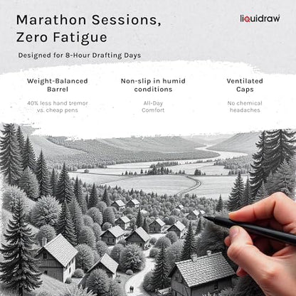 Liquidraw Drawing Pens - Set of 8 | Black Fineliner Pens with Brush Tip | Waterproof Ink for Artists, Architects & Students | For Technical Drawing, Sketching, Writing, Calligraphy & Illustration