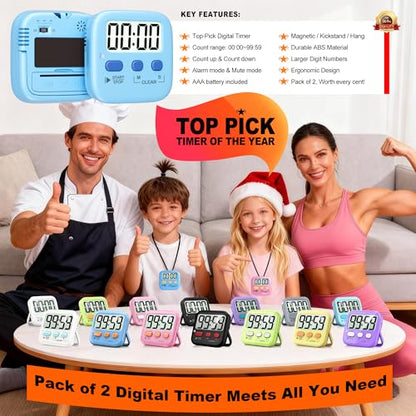 Antonki 2 Pack Digital Timer for Kids Classroom Kitchen Timers for Cooking | w/ Battery, Easy to View, Alarm, Mute Mode, Count Down/Up, Magnetic, Kickstand, Hanging, Classroom Timer for Teacher Supplies - color: Clear Blue
