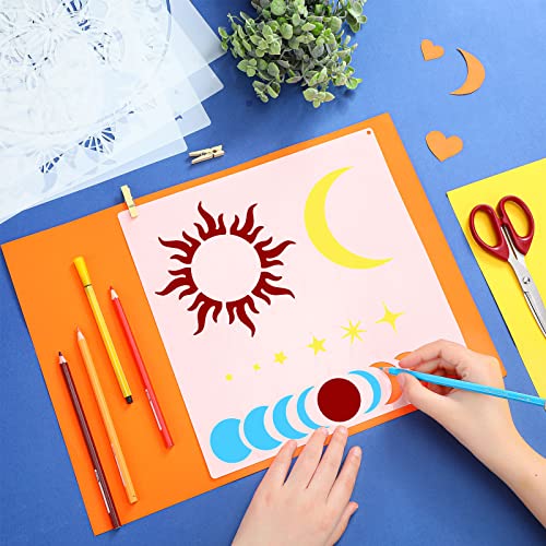 Zubebe 9 Pieces Mandala Sun and Moon Wall Stencil 11 x 11 Inches Moon Sun Flower Mandala Tile Stencils Reusable Painting Templates with Metal Open Ring for DIY Scrapbooks Wood Home Painting