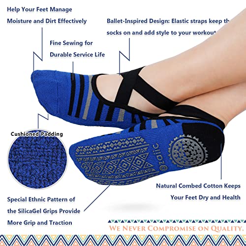 Ozaiic Pilates Socks for Women Non Slip Grip Yoga Barefoot Indoor Workout - color: 3 Pairs -Blue/Gray/Dark Blue