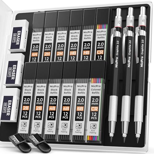 Nicpro 2mm Metal Mechanical Pencil Set with Case, 3PCS | Lead Pencil Holder 2.0 mm+144PCS Lead Refills (4H 2H HB 2B 4B 6B Color), 2mm Pencils for Drafting Writing Drawing Sketching - size: 3 Pack