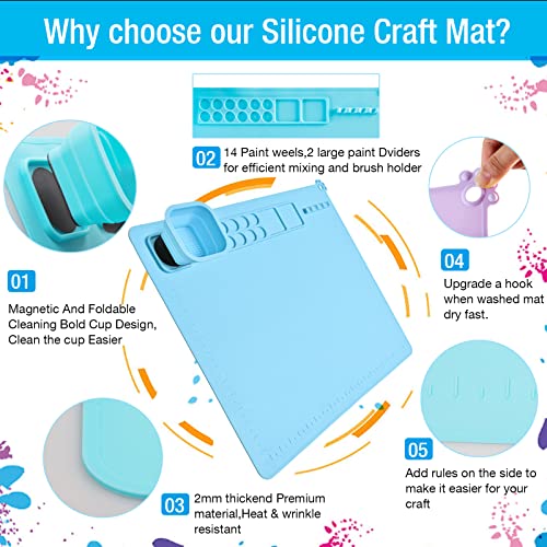 Painting Stations,Silicone Art Mat [1x Apron,1 Pair Oversleeve,20 Pieces Brushes] Painting Craft Mats 21"X17" with Detachable Cup for Resin for Kids Gift,Paint, Clay, DIY Projects - color: Blue